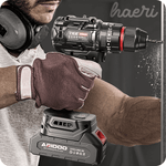 ARIDOO 21V cordless drill with battery, showing ergonomic grip and powerful performance in action.