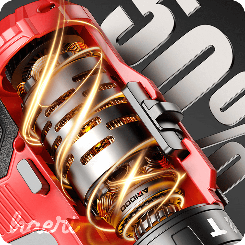 ARIDOO 21V impact drill close-up showing internal motor and components with sparks.