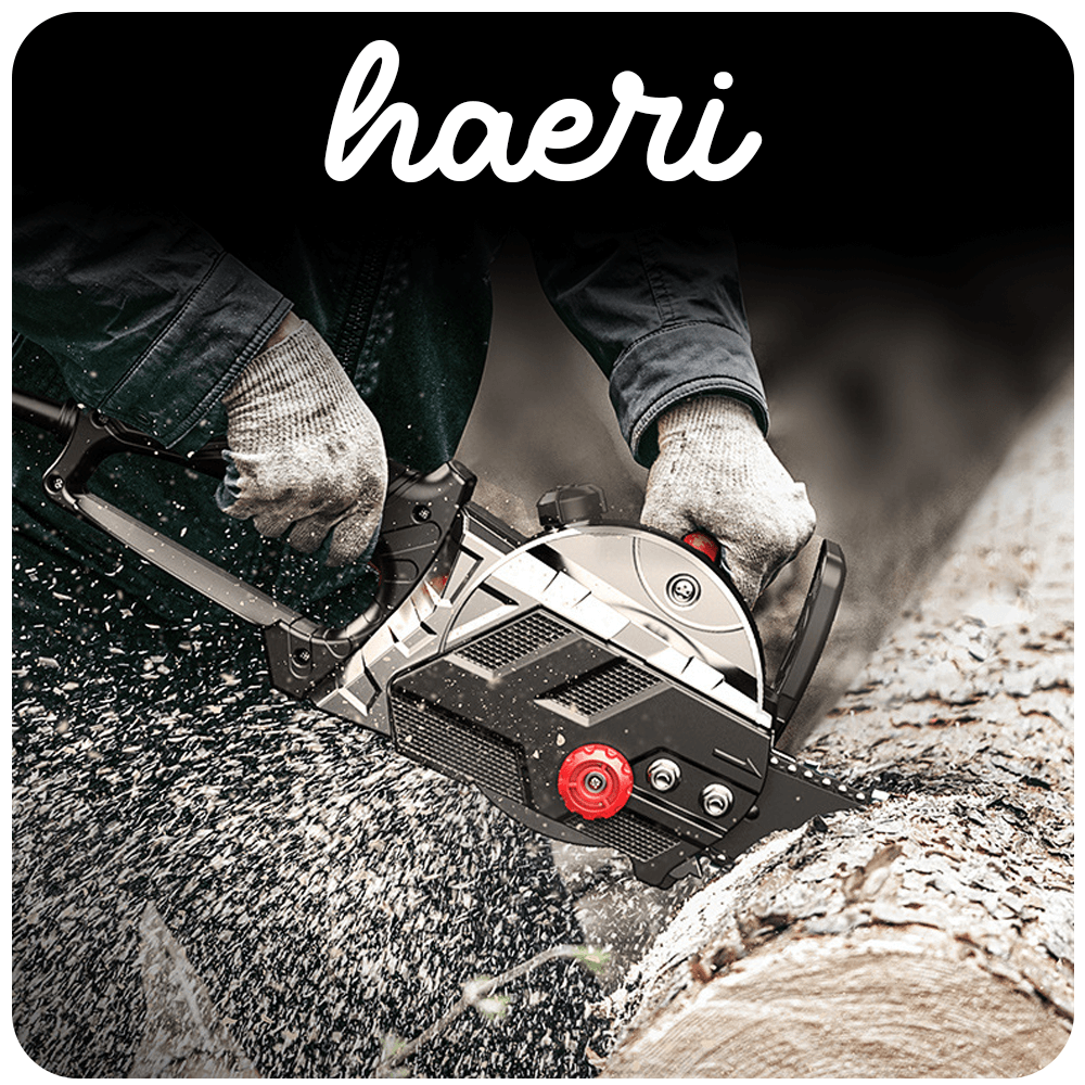 User operating a powerful Haeri electric chainsaw on a log, showcasing precision cutting and handling.