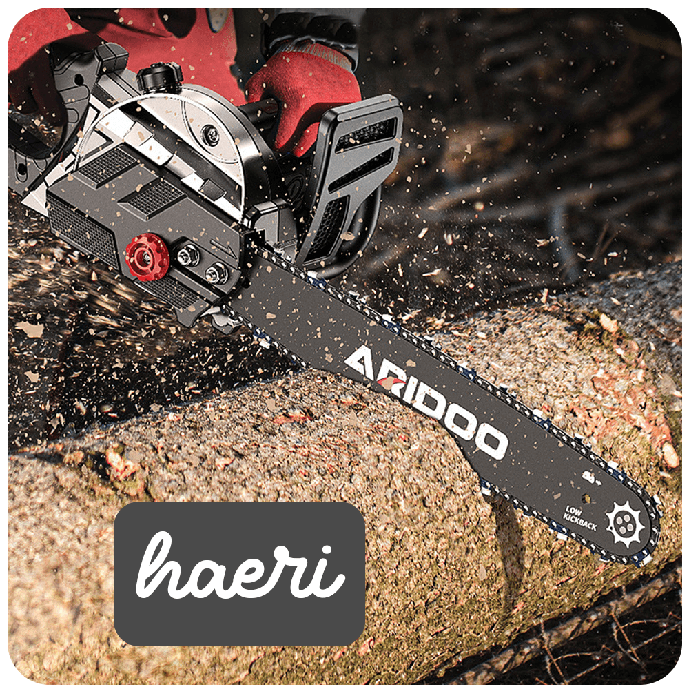 ARIDOO 2800W electric chainsaw cutting through wood with a robust blade and ergonomic design.