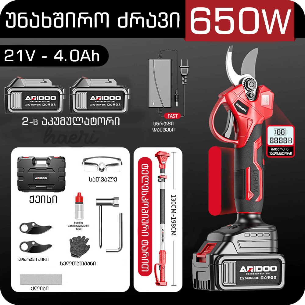 ARIDOO 21V electric secateur with 650W power, telescopic handle 130-198cm, includes batteries and accessories.