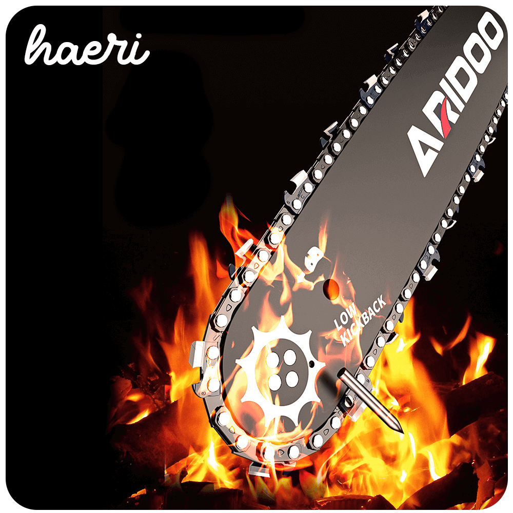 ARIDOO electric chainsaw blade with flames, featuring low kickback design for efficient cutting.