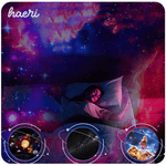 Dreamy cosmic sleep experience with Haeri projector, showcasing vibrant galaxies and cosmic visuals on bedroom ceiling.