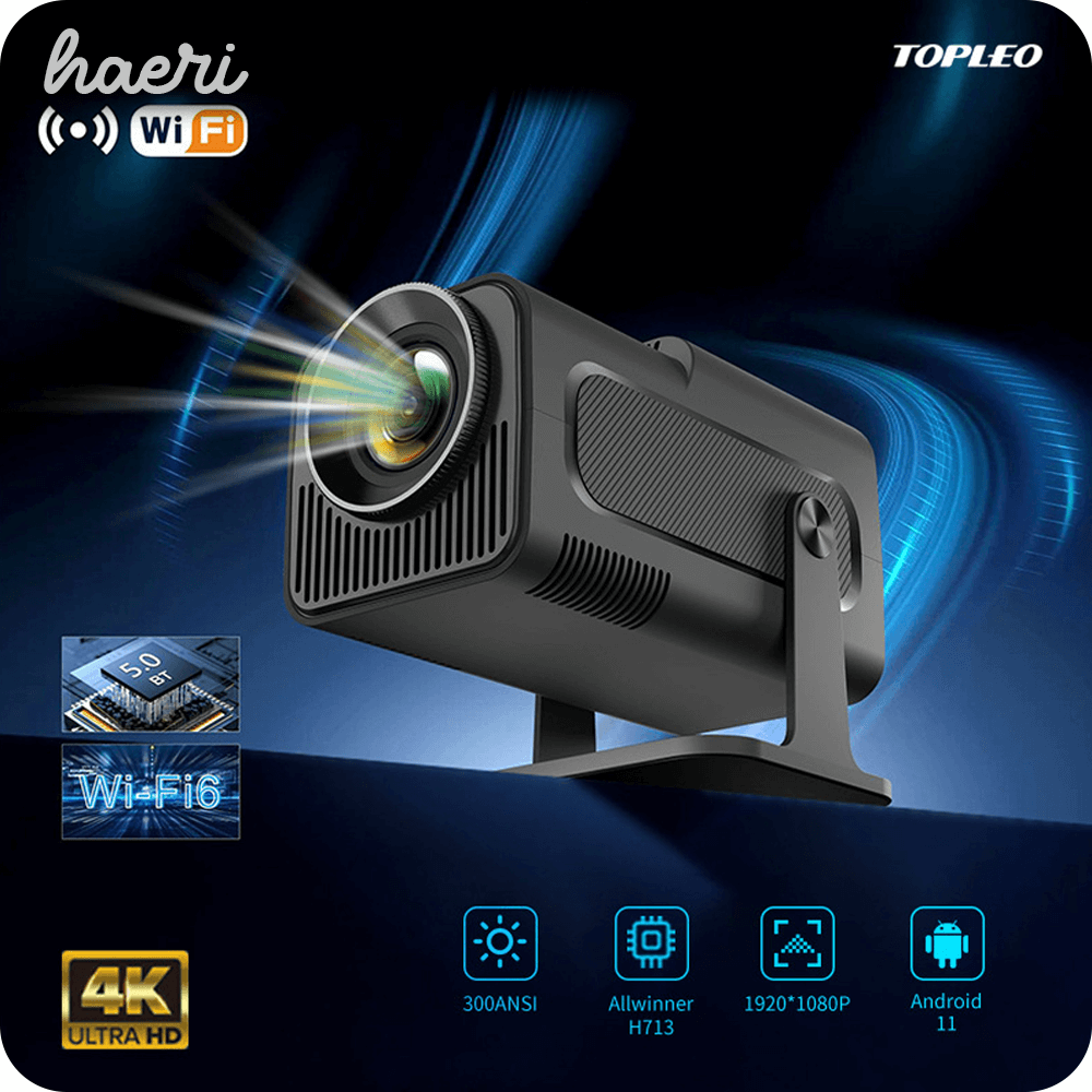 HD Projector HY320 with 4K support, 1080x1920P resolution, WiFi 6, Bluetooth 5.0, and Android 11, displaying tech specs and futuristic lighting