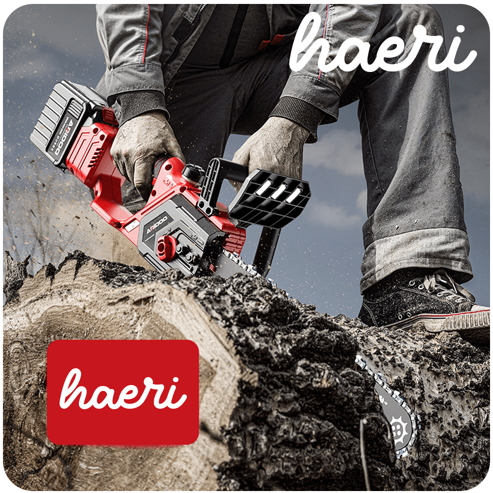 Person using a Haeri chainsaw on a log, showcasing powerful cutting performance and ergonomic design.