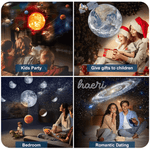 Various uses of a star projector for kids parties, gift-giving, bedrooms, and romantic dates with galaxy and planet visuals.