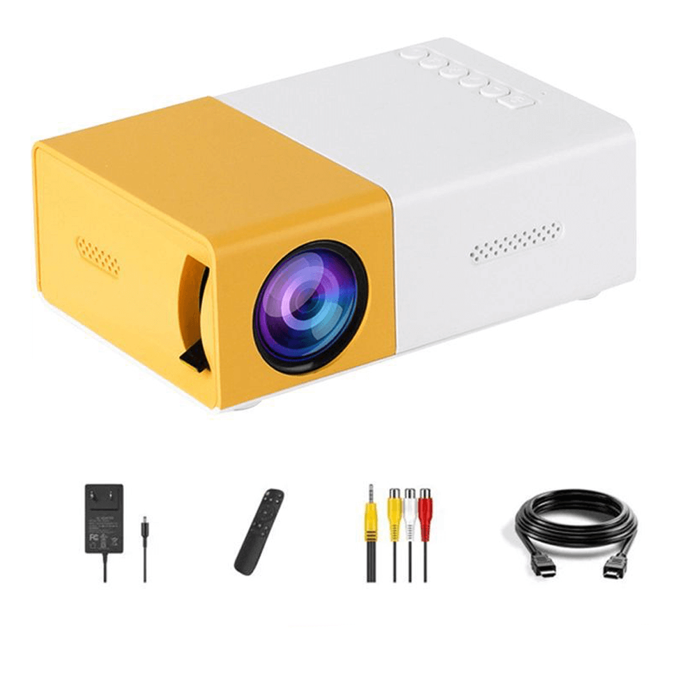 Mini projector for kids YG300 with accessories including cords and remote control, 480x272P resolution, LED technology.