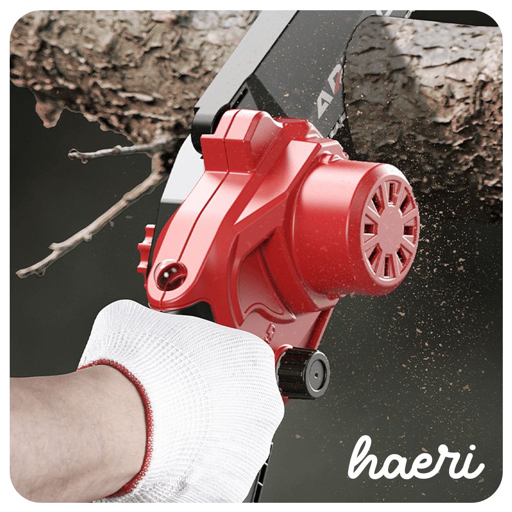 Close-up of a red cordless chainsaw cutting through a branch, highlighting its ergonomic grip and powerful motor.