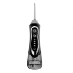 Black oral irrigator with 300ml water tank and adjustable pressure settings, ideal for thorough oral cleaning, water-resistant design.