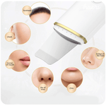 Ultrasonic skin scrubber targeting forehead, cheeks, nose, and chin for deep facial cleansing.