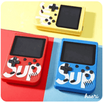 Retro portable gaming console SUP in red, yellow, and blue colors, featuring a 3-inch screen and joystick controls.