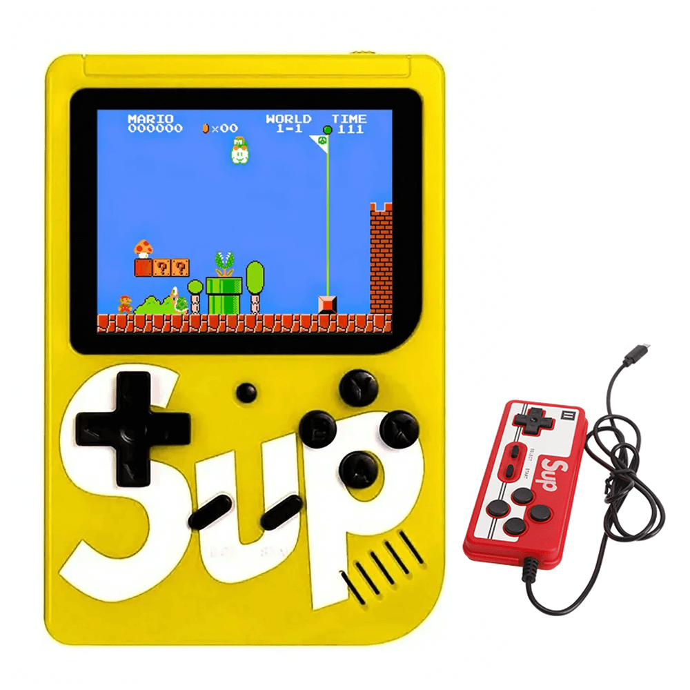 Portable yellow retro gaming console with LCD screen and red joystick, featuring classic games like Mario.