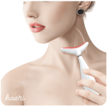 Facial and neck lifting massager device in use, showcasing beauty treatment technology for skin rejuvenation.