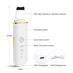 Ultrasonic skin scrubber features, 24K vibration spatula, USB chargeable, multi-function for skin cleansing and lifting.