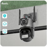 Wi-Fi 3MP+3MP outdoor surveillance camera with night vision and IP66 waterproof rating.
